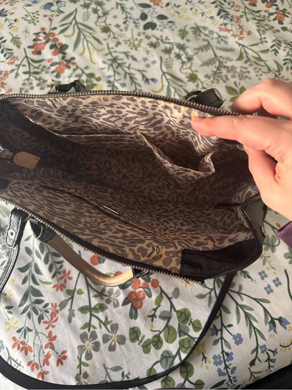 Guess Black Satchel with Cream Top Handle and Laser-Cut Front